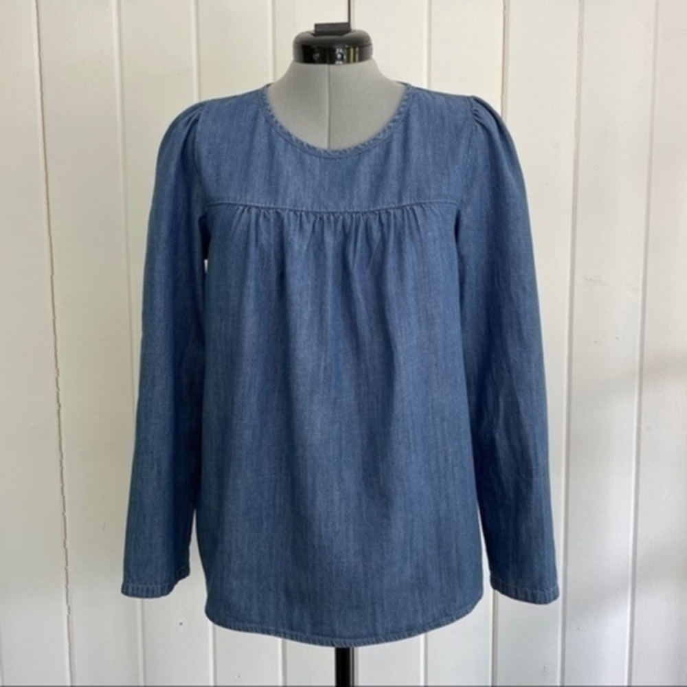 J.Crew Factory Chambray Puff Sleeve Top Cotton Tencel Blue Long Sleeve Size S